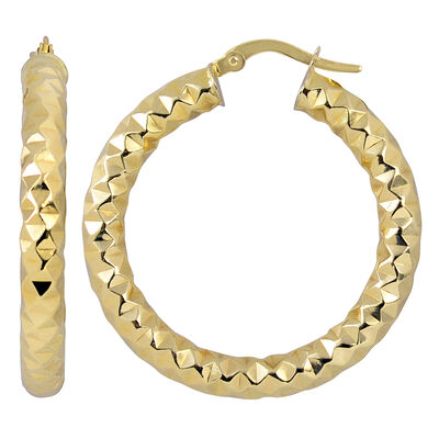 Diamond Cut 4x25mm Hoop Earrings in 10k Yellow Gold
