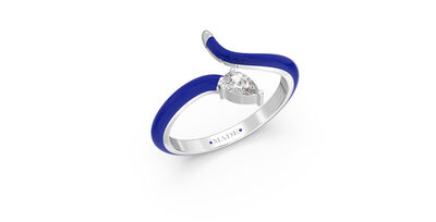 Pear-Shaped Lab Grown Diamond Dark Blue Ceramic Open Style Ring in Sterling Silver