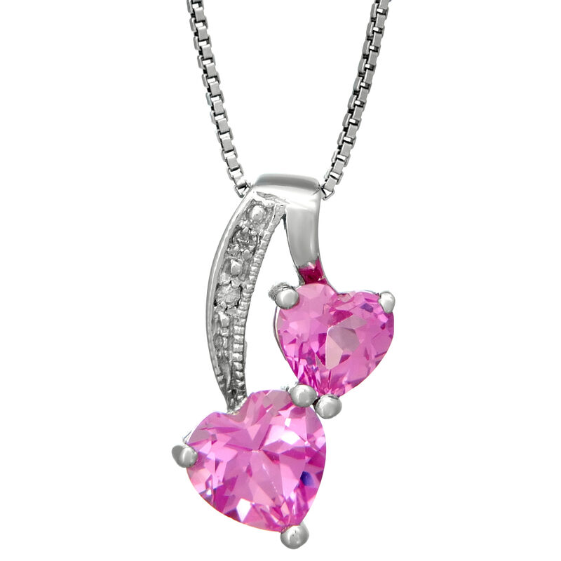 Heart Created Pink Sapphire Diamond Sterling Silver Pendant 18" image number null