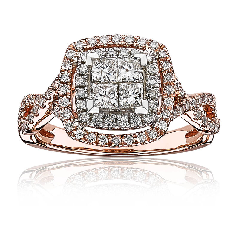 Aria. Diamond Quad Twist Princess-Cut Double Halo Two-Tone Gold Engagement Ring image number null