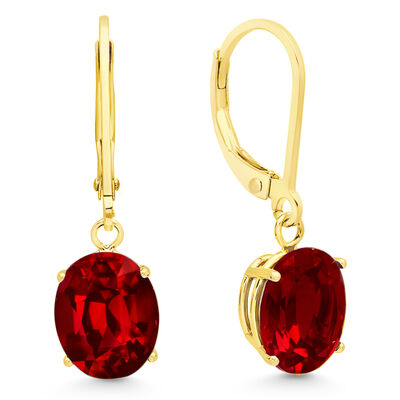 Garnet Oval Dangle Leverback Earrings in 14k Yellow Gold