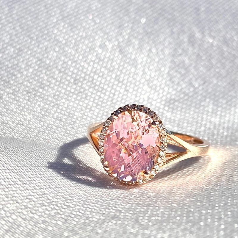 Tahiti Pink Oval Created Spinel Gemstone & Diamond Ring in 14k Rose Gold image number null