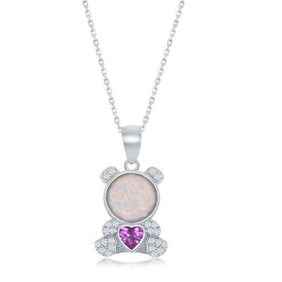 Purple CZ & Created Opal Bear Pendant in Sterling Silver