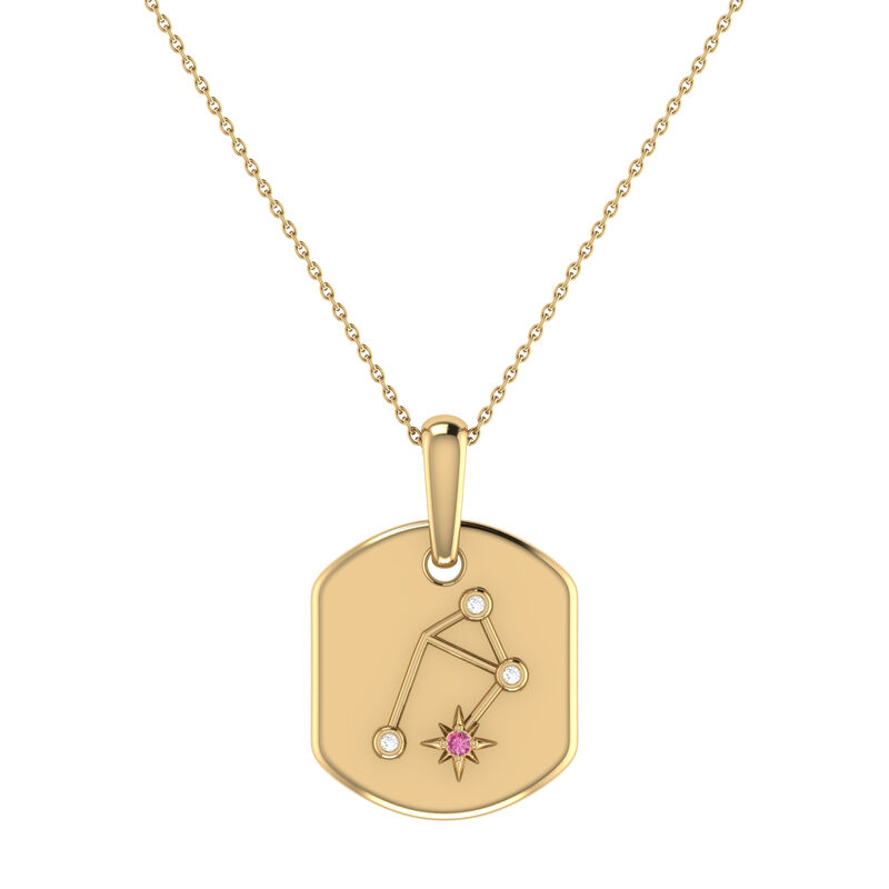 Diamond and Pink Tourmaline Libra ConstellationTag Necklace in 14k Yellow Gold Plated Sterling Silver image number null