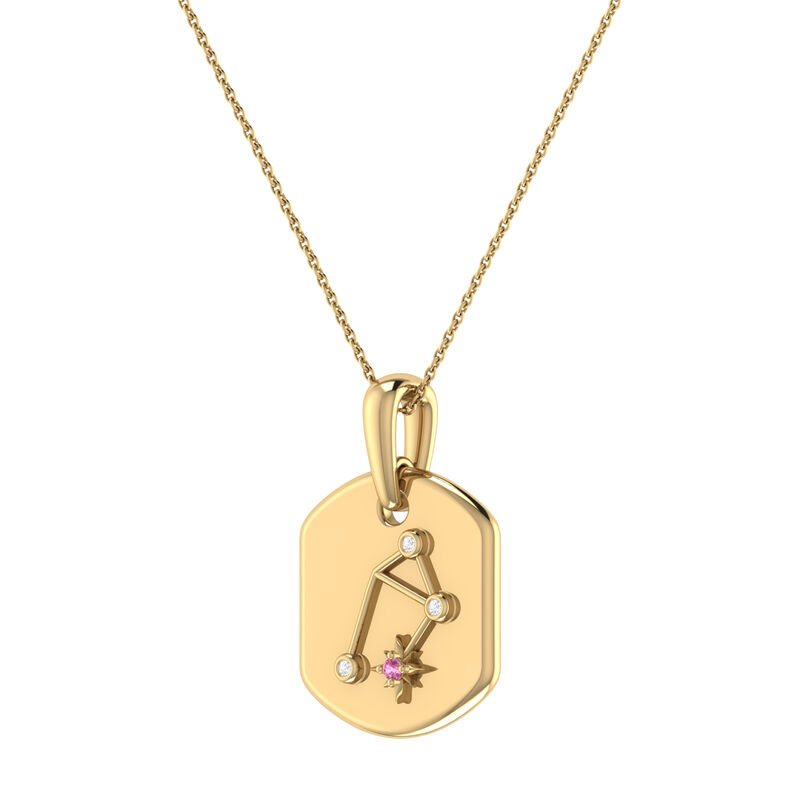 Diamond and Pink Tourmaline Libra ConstellationTag Necklace in 14k Yellow Gold Plated Sterling Silver image number null