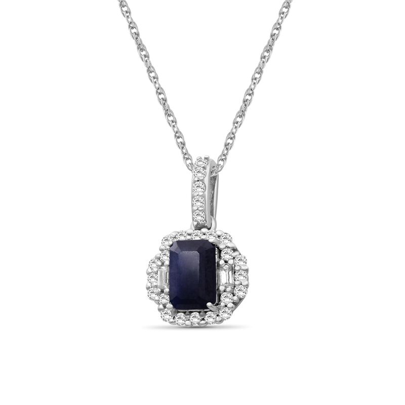 Emerald-Cut Sapphire & Diamond Halo Pendant in 10k White Gold image number null
