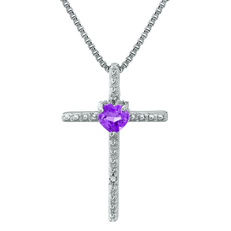 Amethyst Heart Cross Pendant in Sterling Silver image number null
