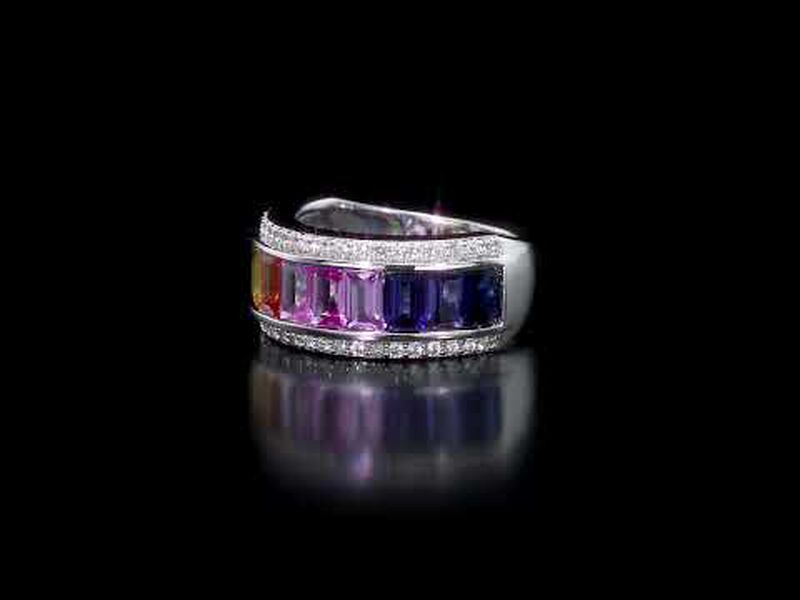 Rainbow Created Sapphire Baguette Fashion Ring in Sterling Silver  image number null