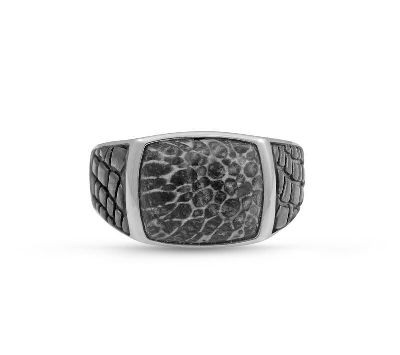 Fossil Agate Stone Ring in Sterling Silver & Black Rhodium image number null