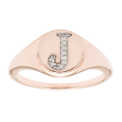 Diamond Initial J Signet Ring in 14k Rose Gold