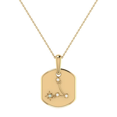 Diamond and Aquamarine Pisces Constellation Zodiac Tag Necklace in 14k Yellow Gold Plated Sterling Silver