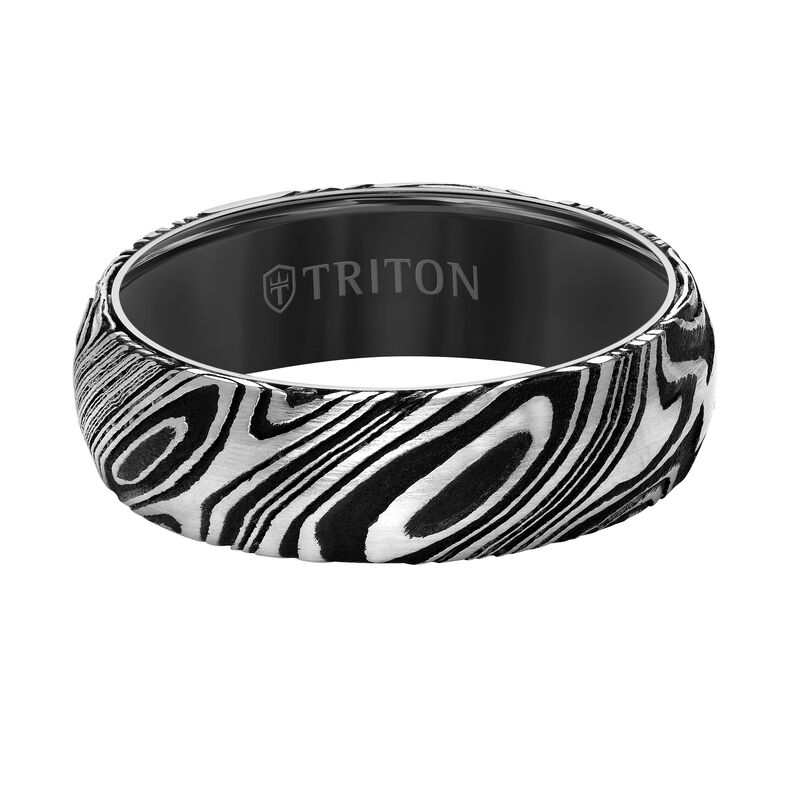 Triton Men's 7mm Black Tungsten Carbide & Damascus Steel Wedding Band image number null