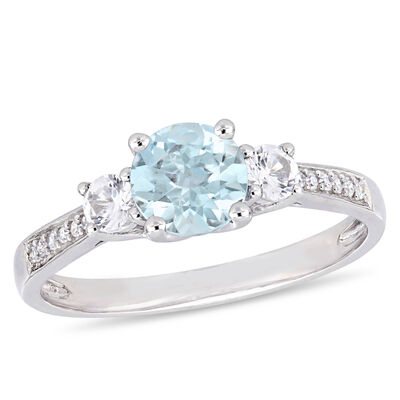 Three-Stone Aquamarine, White Sapphire & Diamond Engagement Ring in 10k White Gold