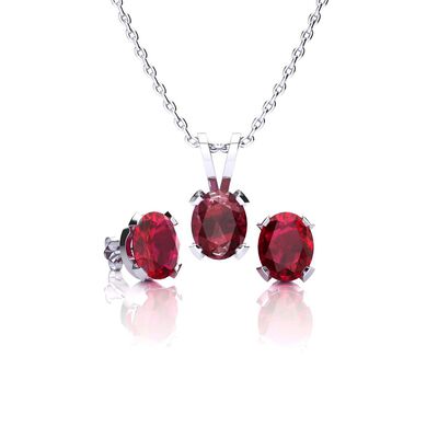 Oval-Cut Ruby Necklace & Earring Jewelry Set in Sterling Silver