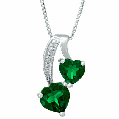 Heart Created Emerald Diamond Sterling Silver Pendant 18"