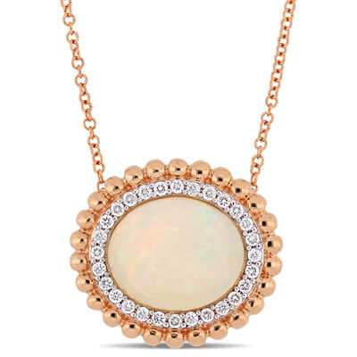 Ethiopian Blue-Hued Opal & Diamond and Rose Gold Bead Halo Necklace
