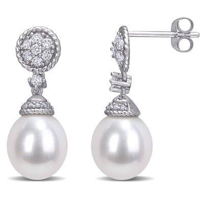 Diamond & Freshwater Pearl Drop Earrings 1/3ctw in 14k White Gold