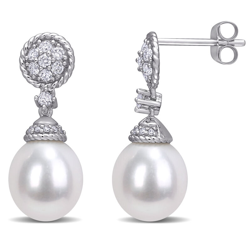 Diamond & Freshwater Pearl Drop Earrings 1/3ctw in 14k White Gold image number null