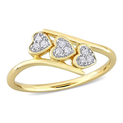 Diamond Triple Heart Ring in Yellow Gold Plated Sterling Silver
