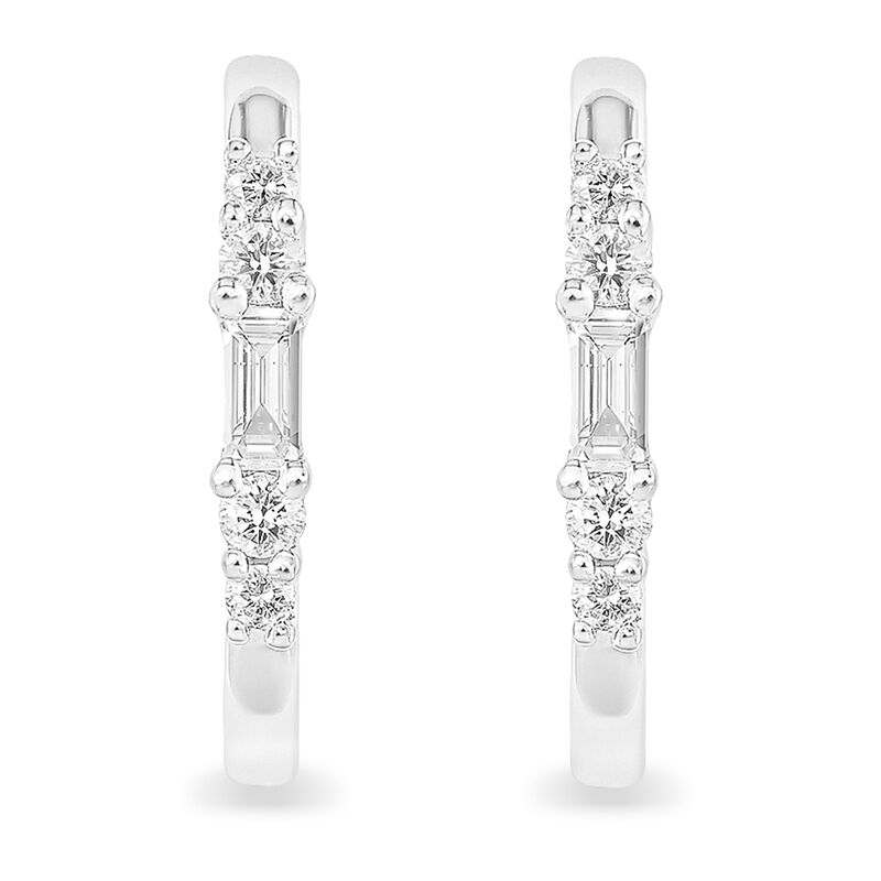 Round & Baguette Diamond Hoop Earrings in 10k White Gold image number null