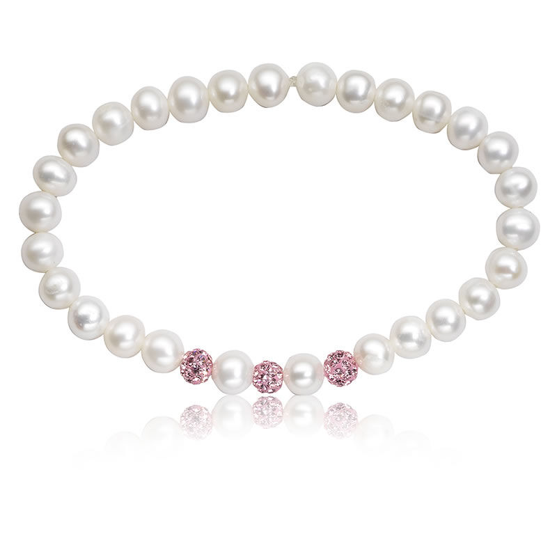 Baby Pearl & Pink Crystal Stretch Bracelet 6" image number null