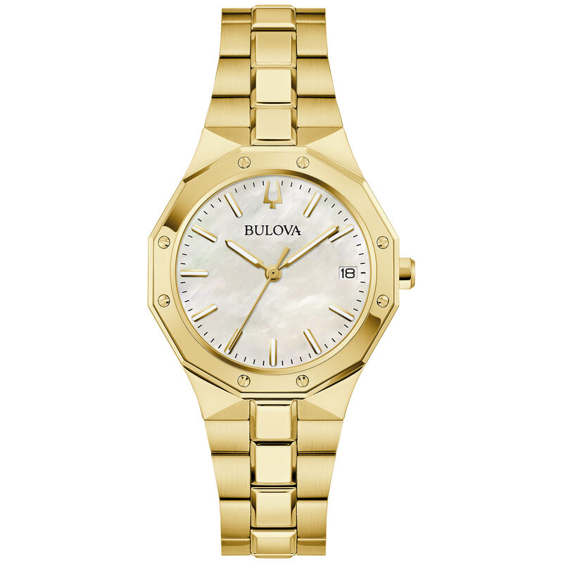 Bulova Ladies' Prestige White Mother of Pearl Dial Gold-Tone Bracelet 32mm 97M119 image number null