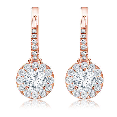 Drop 1 1/2ct. Diamond Halo Earrings in 14k Rose Gold