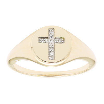 Diamond Cross Signet Ring in 14k Yellow Gold