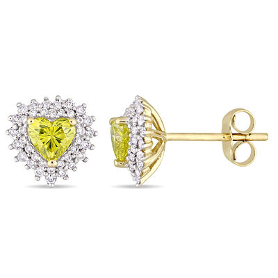 Heart-Shaped 1ctw. Yellow & White Diamond Halo Stud Earrings in 14k Yellow Gold