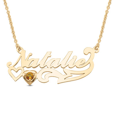 Nameplate Necklace with Birthstone Charm in 10k Yellow Gold