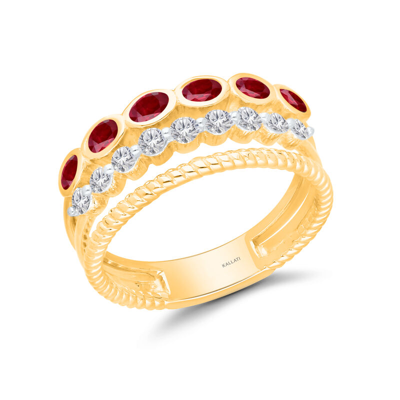 Oval-Cut Ruby & Diamond East to West Triple Band Ring in 14k Yellow Gold image number null