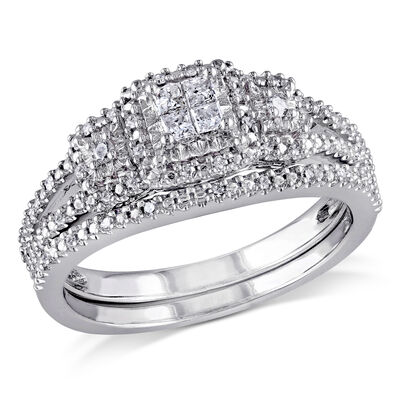 Princess-Cut 1/4ctw Diamond Quad Split Shank Bridal Set in Sterling Silver