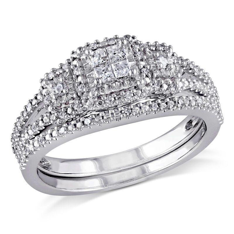 Princess-Cut 1/4ctw Diamond Quad Split Shank Bridal Set in Sterling Silver image number null