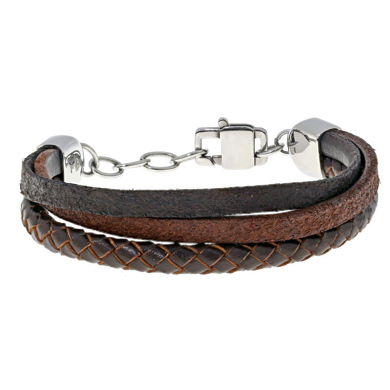 Men's Stainless Steel Clasp 3-Strap Brown Leather Bracelet image number null