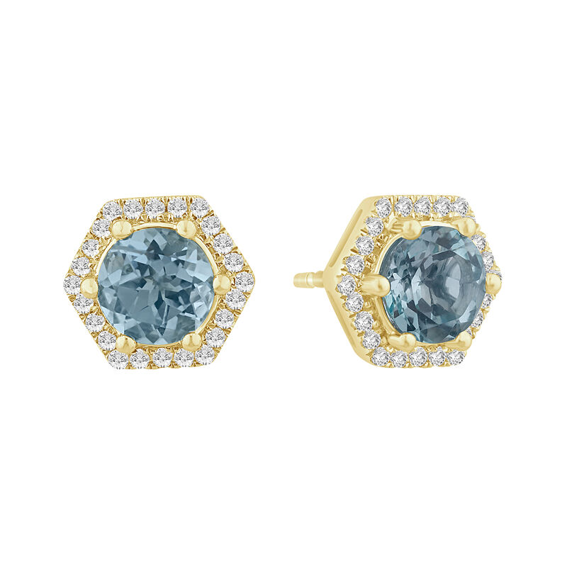 Round Blue Topaz & Diamond Hexagon Stud Earrings in 10k Yellow Gold image number null