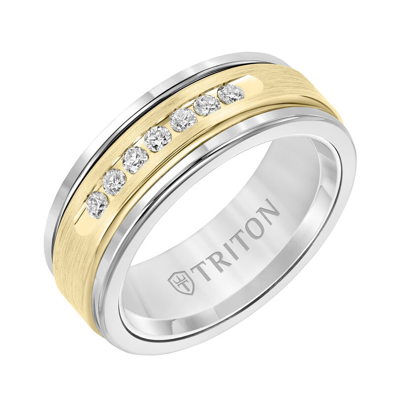 Triton Men's 8mm White Tungsten Carbide and Diamond Wedding Band with 14k Yellow Gold Center image number null