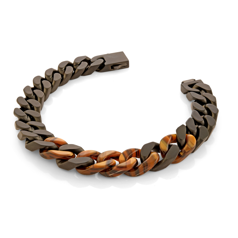 Men's 8.5" Curb Link Bracelet in Black Matte IP Tiger Eye Stainless Steel image number null