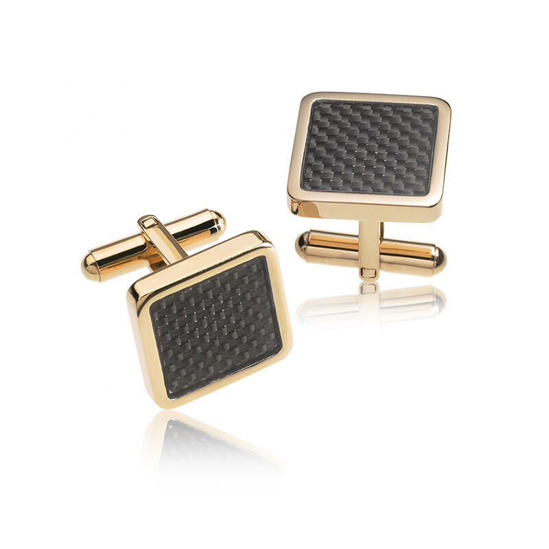 Square Yellow-Tone & Black Carbon Fiber Cufflinks in Stainless Steel image number null