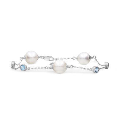 8mm Pearl & Blue Topaz Station Bracelet in Sterling Silver