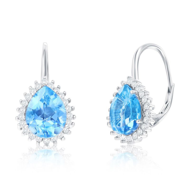 Blue Topaz and White Topaz Pear Shape Halo Earrings in Sterling Silver image number null