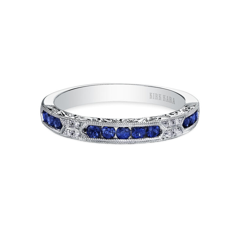 Art Deco Blue Sapphire and Diamond Hand Engraved Band in 18k White Gold K1390SD-B image number null