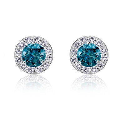 Brilliant-Cut 1/4ct. Blue Diamond Halo Stud Earrings in 14k White Gold