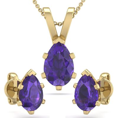 Pear Amethyst Necklace & Earring Jewelry Set in 14k Yellow Gold Plated Sterling Silver