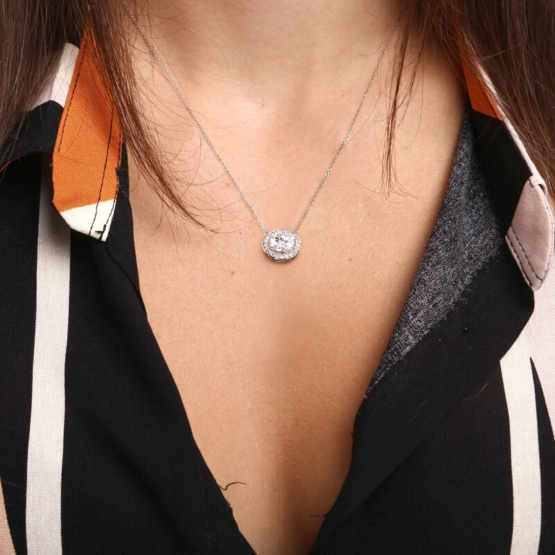 Created Round-Cut Moissanite Halo Necklace in 14k White Gold image number null