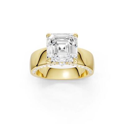 Asscher Lab Grown Diamond 5 1/2ctw. Wide Band Engagement Ring with Round Diamond Accents in 14k Yellow Gold