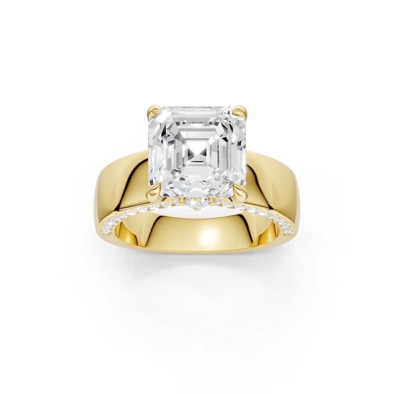 Asscher Lab Grown Diamond 5 1/2ctw. Wide Band Engagement Ring with Round Diamond Accents in 14k Yellow Gold image number null