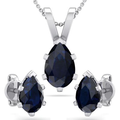 Pear Sapphire Necklace & Earring Jewelry Set in Sterling Silver