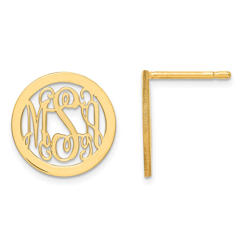 Laser Polished Small Monogram Circle Post Earrings in Gold Plated Sterling Silver (up to 3 letters) image number null