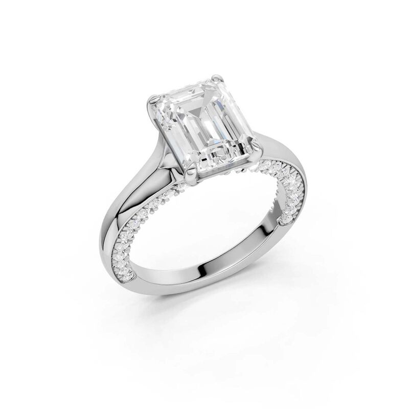 Emerald Lab Grown Diamond 3 1/2ctw. Tapered Engagement Ring with Round Diamond Shank in 14k White Gold image number null