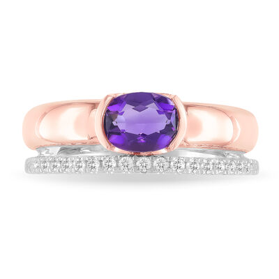 Oval Amethyst Diamond Double Band Ring in 10k Two-Tone Gold